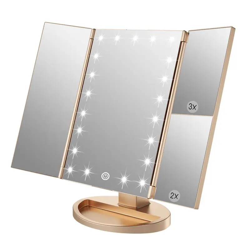 WEILY Miroir de maquillage avec 21 sources lumineuses – 2x/3x, alimentation USB ou piles, tri-fold (Or)