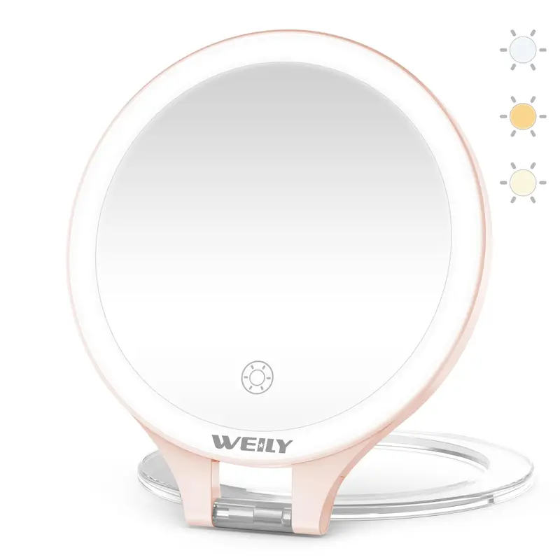 WEILY Miroir de Maquillage Double Face 10x/1x – Lumière 3 Couleurs, Rechargeable et Portable (Rose)