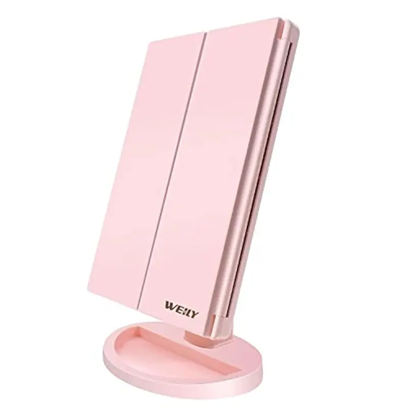 WEILY Miroir de Maquillage Tri-Fold avec 21 LEDs – Magnification 2x/3x – USB ou Piles – Rose