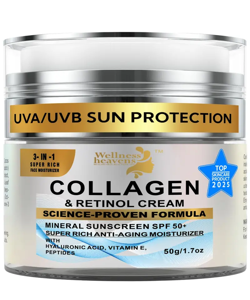 Wellness Heavens – Crème Visage Anti-Âge SPF50+ Hydratante, Collagène & Rétinol, Hyaluronique 1.7 oz