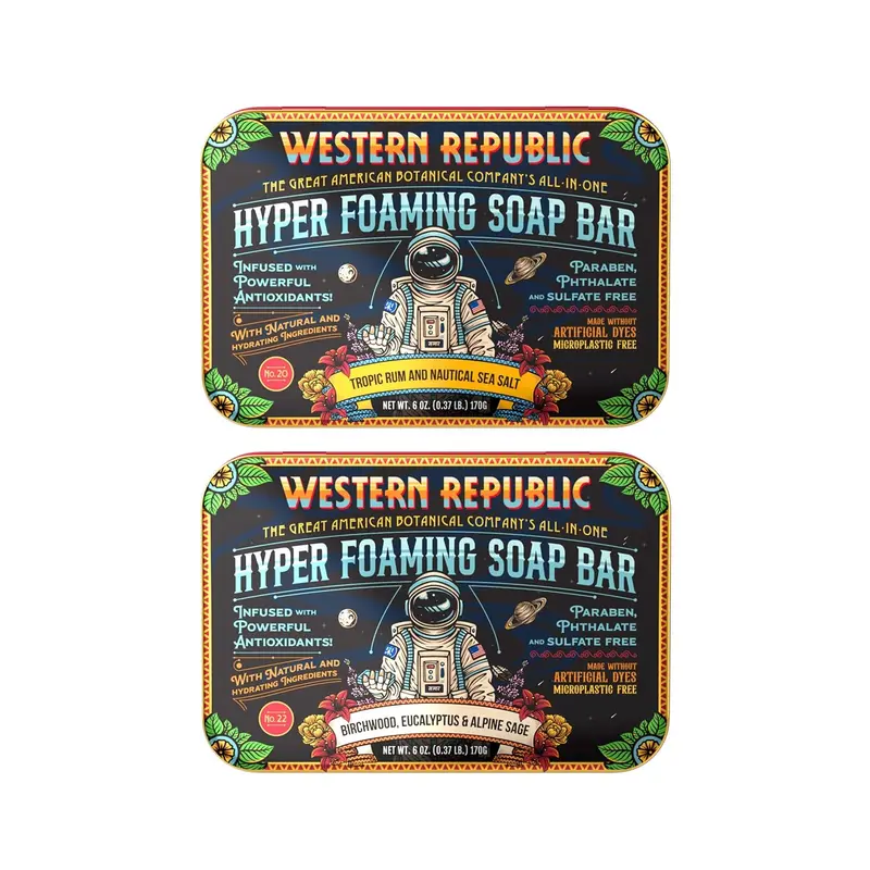 Western Republic Barre de Savon Hyper Mousse – Birchwood Eucalyptus et Alpine Sage; Tropic Rum et Nautical Sea Salt | Hydratant et Soin pour la Peau | Lot de 2 | Fabriqué aux États‑Unis