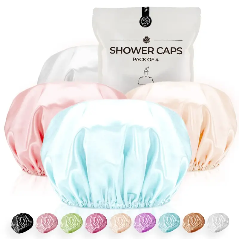 WhaleLife | Bonnet de douche réutilisable extra-large – 4 couleurs (gris clair, or clair, pêche pastel, bleu lacustre) – EVA et satin