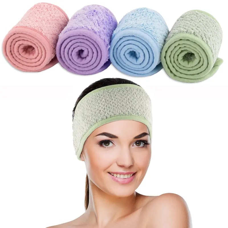 Whaline – Bandeaux Spa Visage 4 Pièces Absorbants en Peluche Corail
