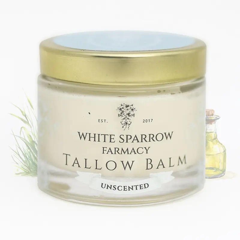 White Sparrow Farmacy Baume au suif bio sans parfum – Soin visage et corps (2 oz)