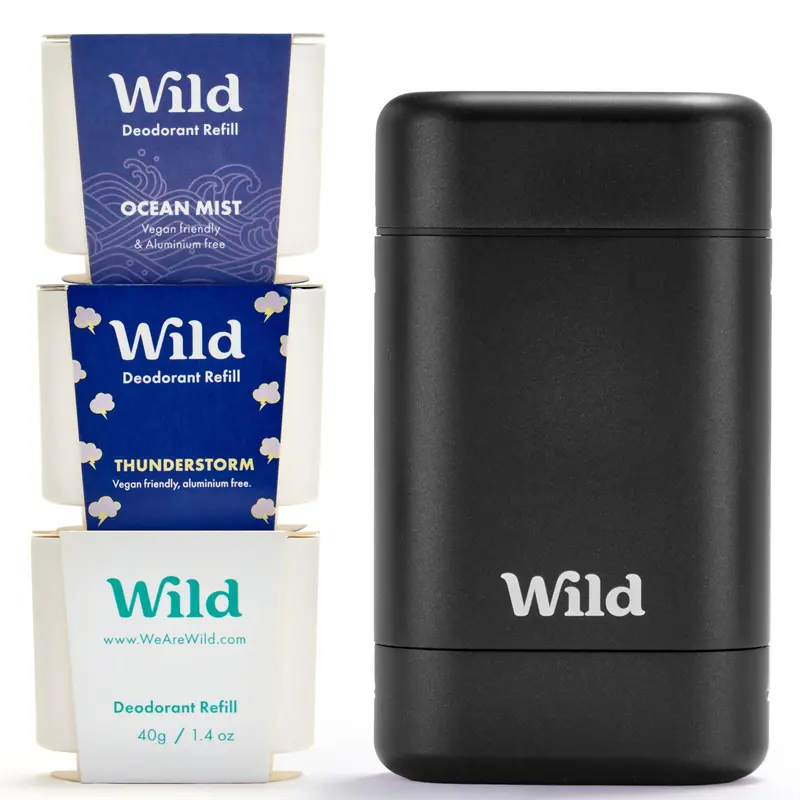 Wild - Kit Déodorant Rechargeable Noir | Coton Frais et Sel de Mer, Brume Océanique et Orage – Sans Aluminium – Végan