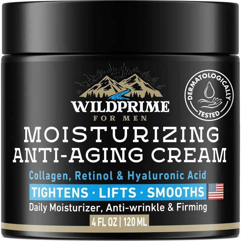 WildPRIME Crème Visage Homme – Hydratation Anti-âge, Acide Hyaluronique et Vitamines E & A – Fabriqué aux États-Unis – 118 ml