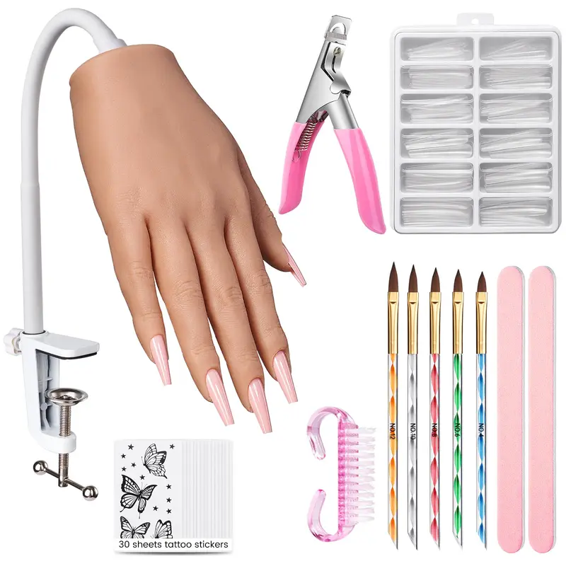 Wilfniee – Main d’entraînement en silicone pour ongles en acrylique, pratique réaliste avec autocollants tatouage