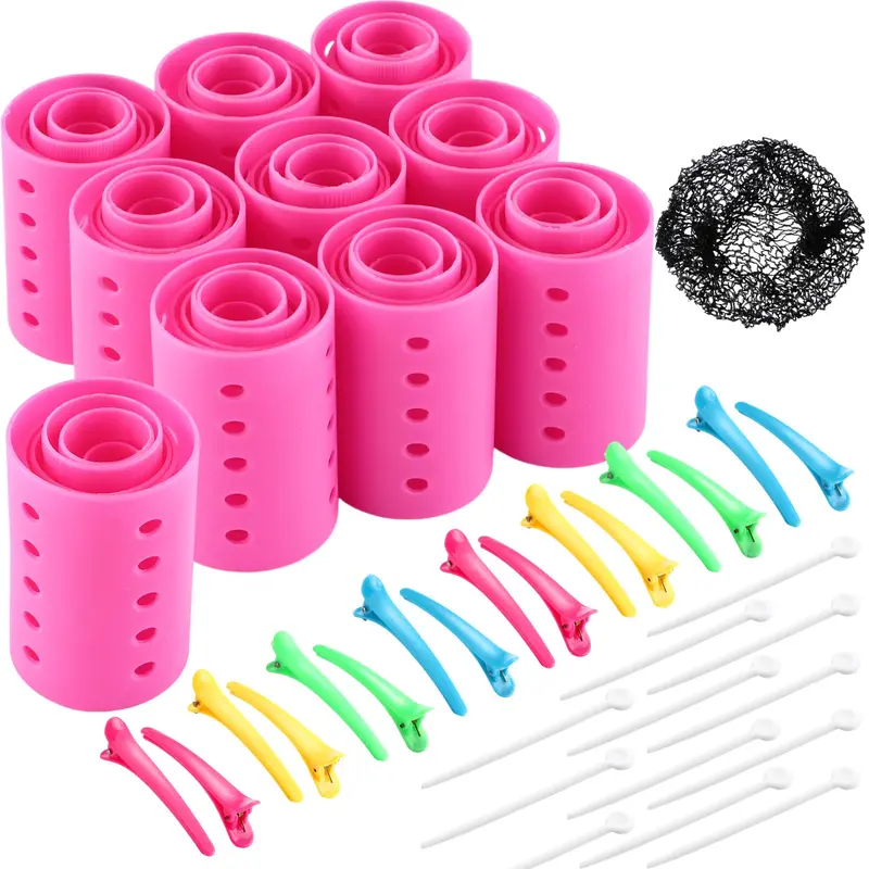 WILLBOND – Set de bigoudis cheveux 141 pièces (60 rouleaux roses, 6 tailles) sans chaleur