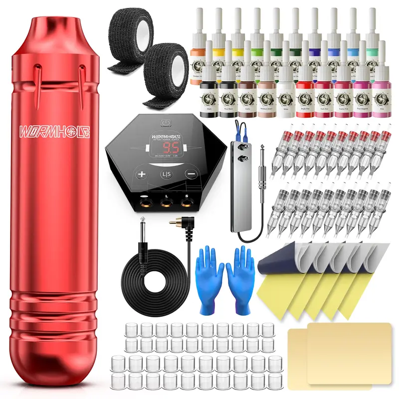 Wormhole Tattoo Kit – Kit Machine Tatouage pour Débutants, 20 Encres, Alimentation, Rouge