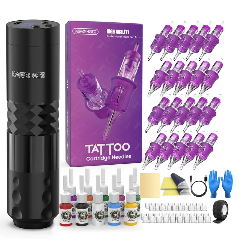Wormhole Tattoo Kit Tatouage Sans Fil 78 Pièces – Batterie 1500 mAh, Aiguilles Cartouche – Noir