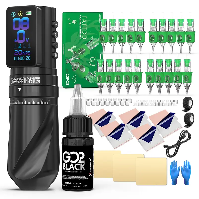 Wormhole Tattoo – Kit tatouage sans fil pro avec machine à 7 réglages de course, 2300 mAh et 73 pièces