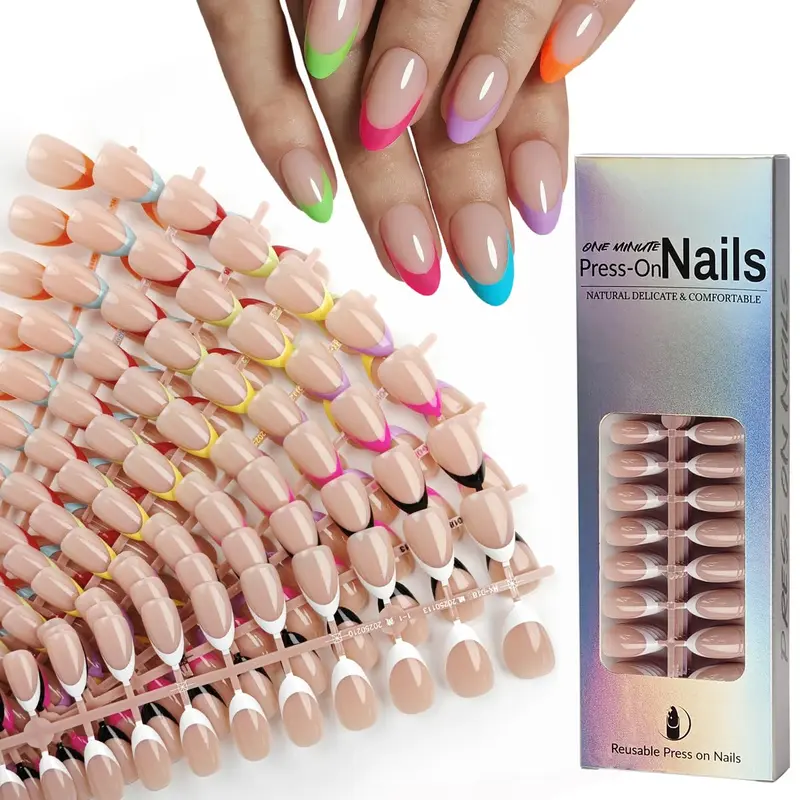 WUHCIM - Ongles press-on 9 couleurs pointe française, court en amande, brillant, réutilisables, 216 pièces, 12 tailles