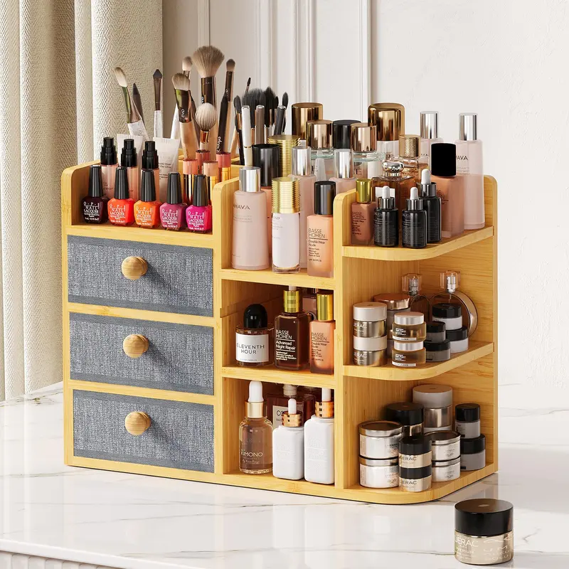 X-cosrack Grand Organisateur Maquillage en Bambou | 3 Tiers, Tiroirs Amovibles et 10 Compartiments