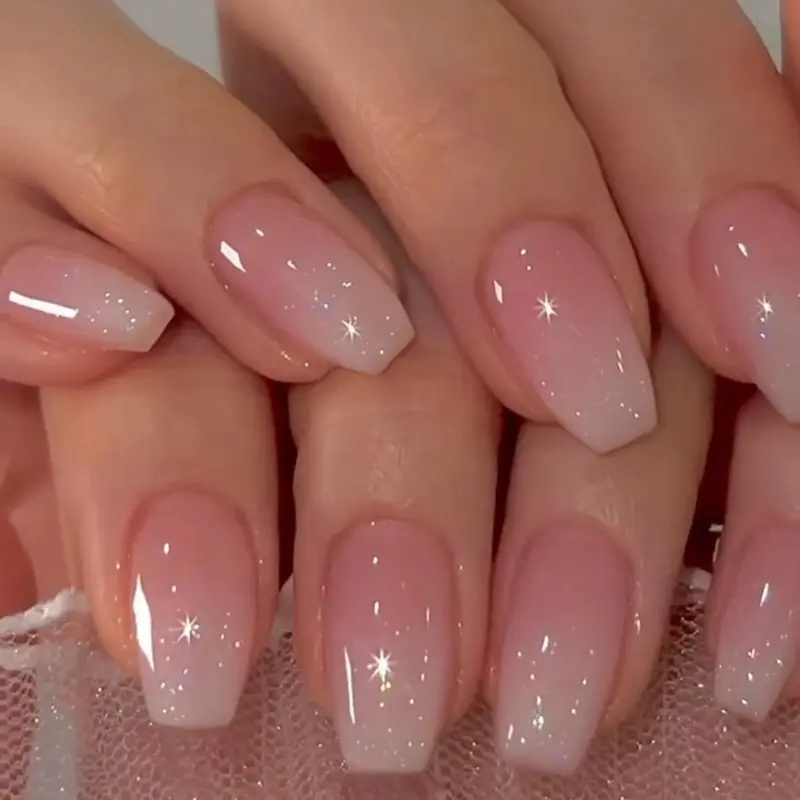 XCREANDO Glitter Ombre Rose – Ongles Press-On Coffin Court Médium