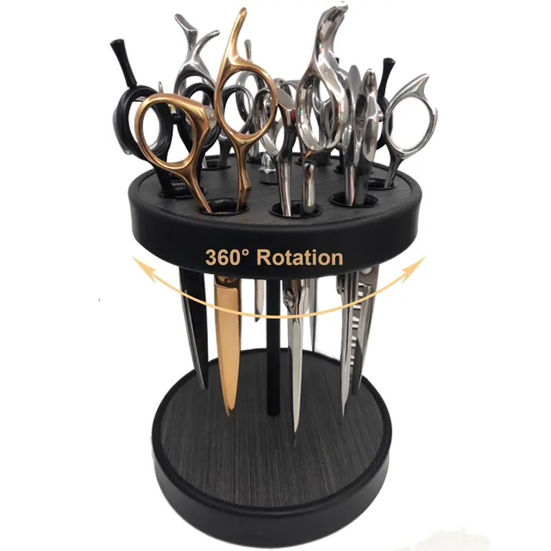 XDONEF Porte-Ciseaux Rotatif en Bois Noir – Support Barbiers avec 10 Trous