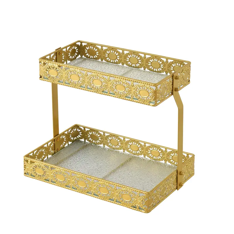 xiaojuande Plateau en Verre a Deux Couches Doré — Rangement Beaute Portable pour Salle de Bain et Coiffeuse