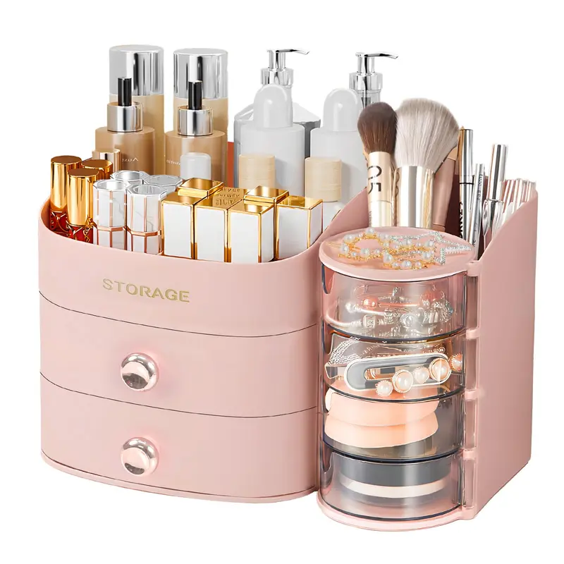 XIAPIA Organisateur Maquillage Countertop – Compartiment Rotatif Transparent, Tiroirs Opaques, Rangement Bijoux & Cosmétiques, Rose