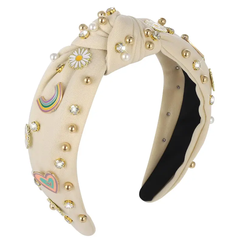 XLSXEXCL Bandeau Boho Arc-en-Ciel Daisy – Nœud Perlé et Strass Beige, pour Femmes et Filles