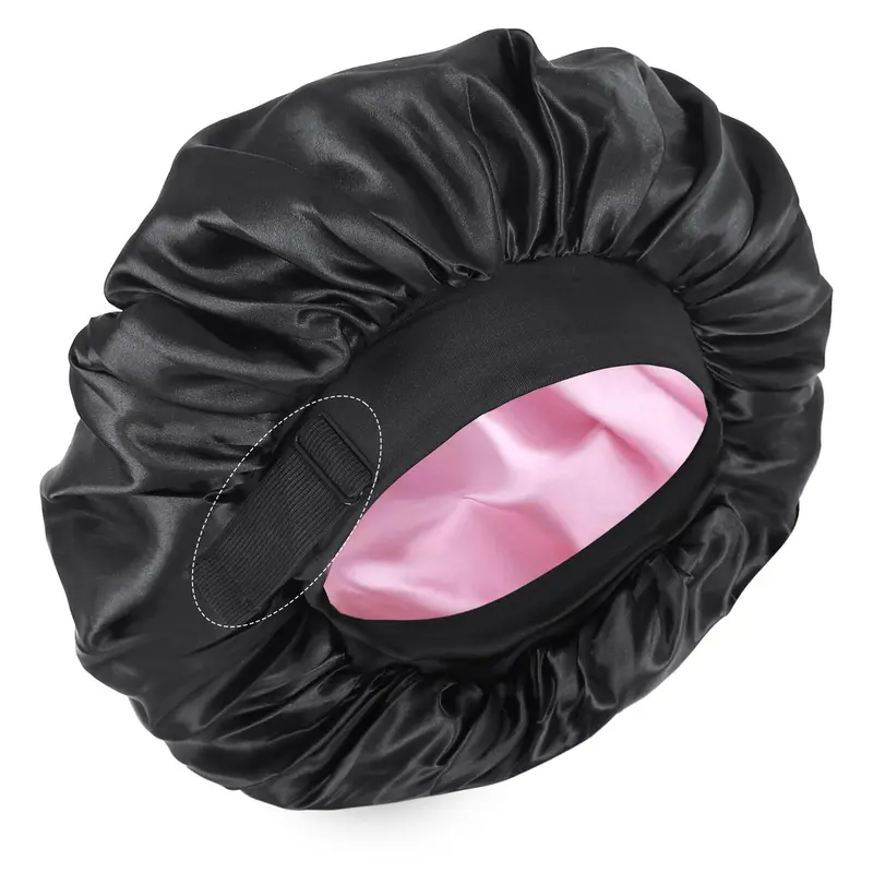 XRACEPHOL Bonnet de Nuit en Satin à Double Couche – Ajustable, Noir et Rose, Pour Cheveux Bouclés