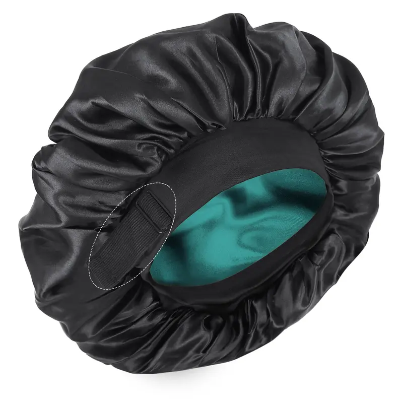 XRACEPHOL – Bonnet Nuit en Soie/Satin Double-Couche Ajustable et Réversible (Noir & Sarcelle)