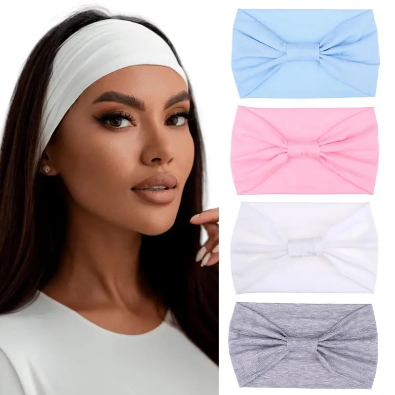 XTREND 4 Bandeaux Larges Boho — Noeud,Élastique,Anti-dérapants (Bleu ciel, Rose, Blanc, Gris clair)