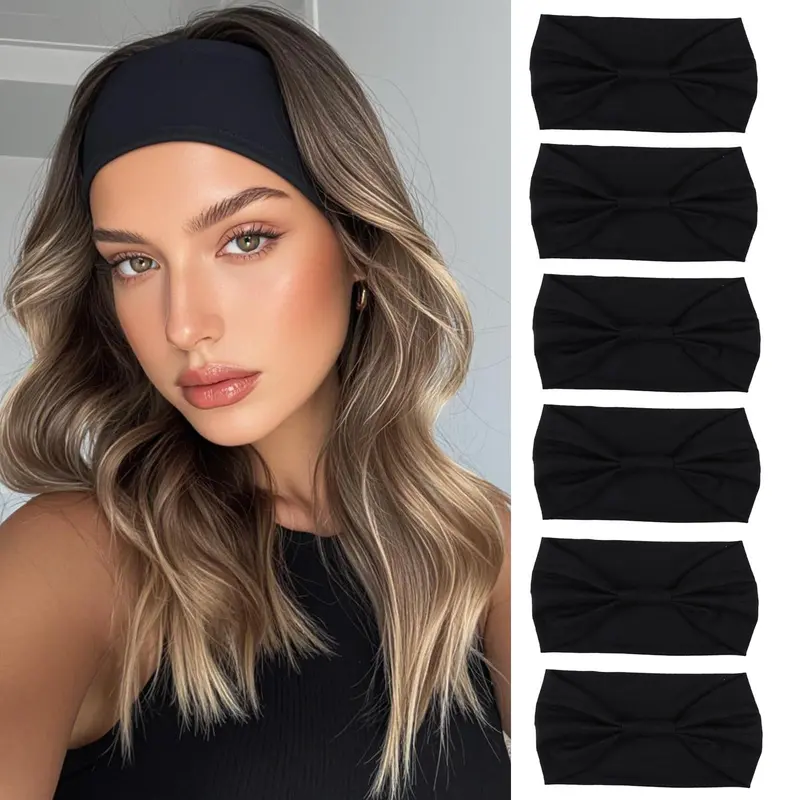 XTREND Bandeaux Cheveux Larges – Anti-Dérapants, Style Bohème, Lot de 6 Noir