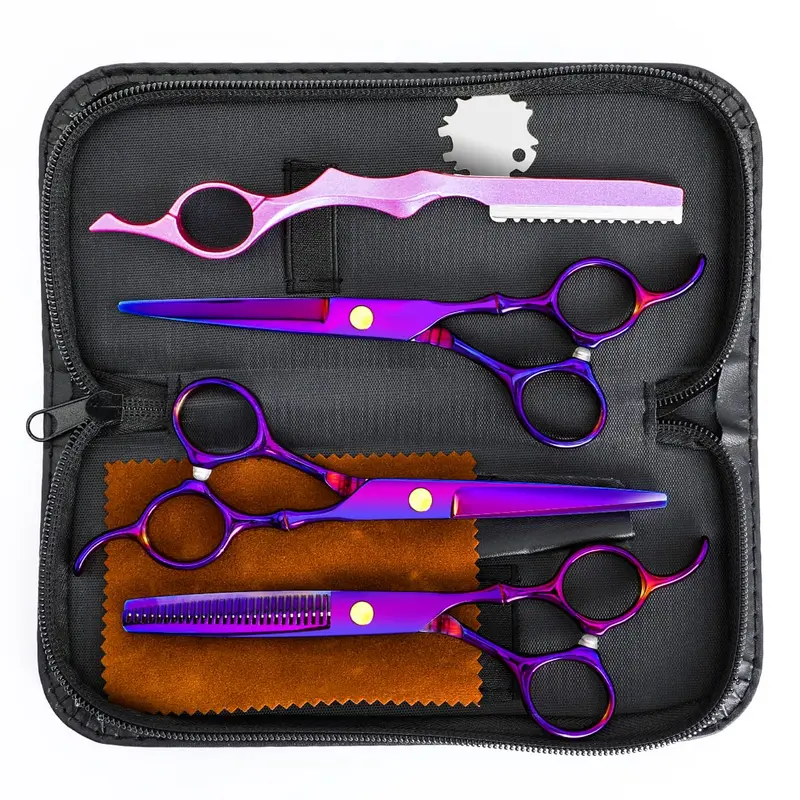 XUGOU Ciseaux de coiffure professionnels en acier inoxydable — Ensemble 4 pièces violet