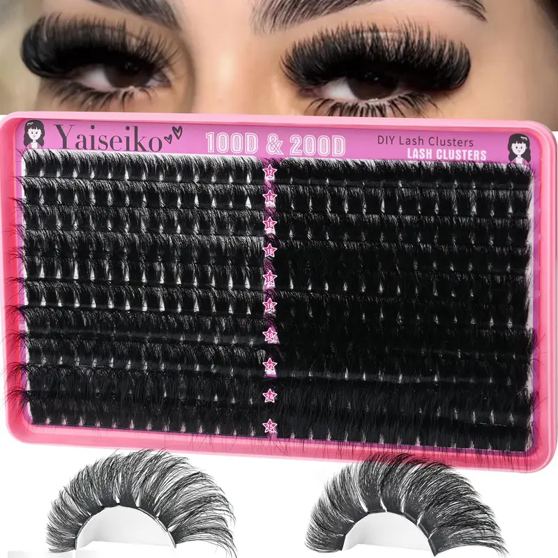 Yaiseiko clusters de cils 100D+200D – Méga-volume 12‑25mm, D Curl, 280 pièces DIY à domicile