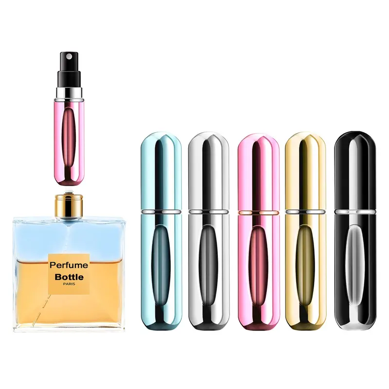 Yamadura Atomiseur Portable 5ml – Lot de 5, Spray Réutilisable, Étui de Voyage (Rose, Or, Noir, Argent, Bleu)