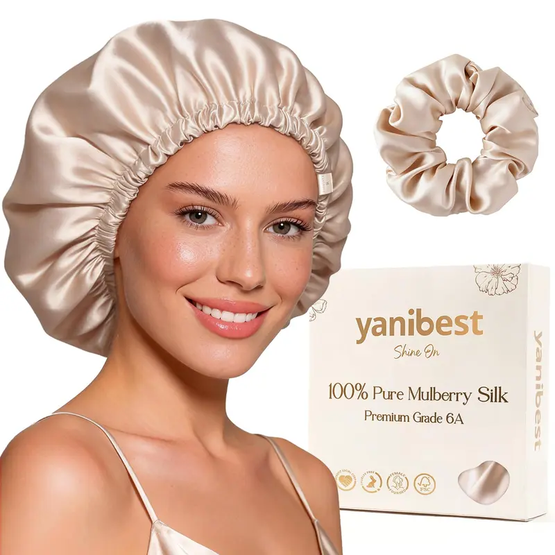 YANIBEST Capuchon de Sommeil en Soie de Mûrier 22 Momme – Bonnet Champagne et Serre-Cheveux