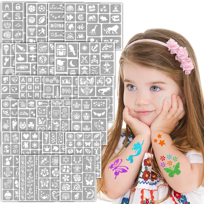 Yazhiji – 390 pièces de pochoirs tatouage temporaire visage et corps | 28 feuilles A5 | kit fête et créativité