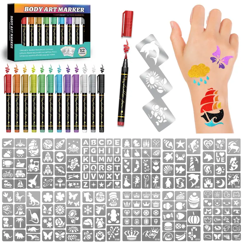 Yazhiji – Marqueurs Temporaires Métalliques pour Peau + 183 Pochoirs | Kit d'Art Corporel