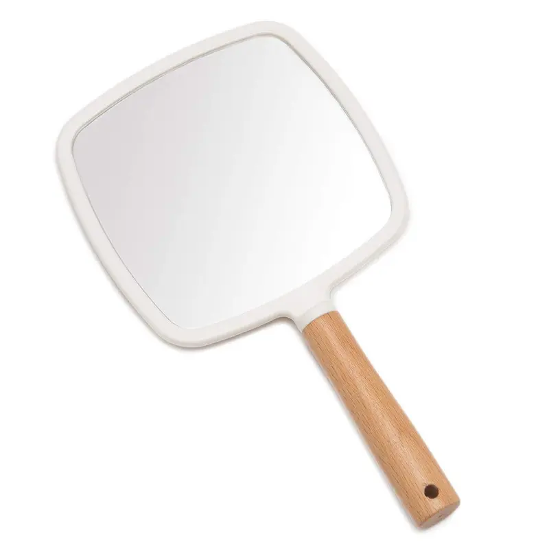 YEAKE Miroir à Main Carré – Poignée en Bois, Portable pour Maquillage et Rasage