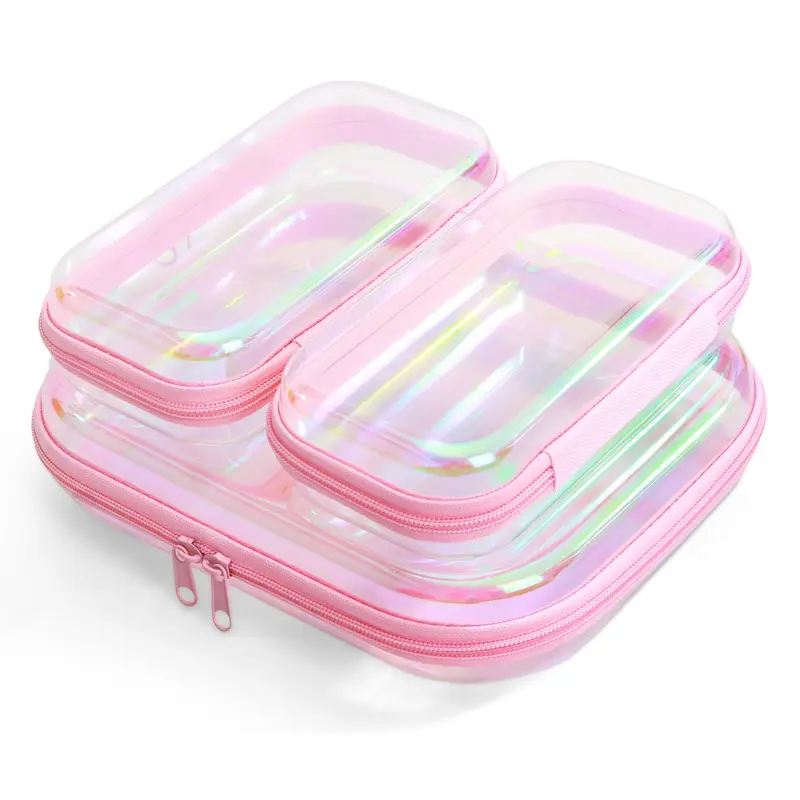 YEANIEGUOGI - Lot de 3 pochettes transparentes rigides à fermeture éclair, rose laser