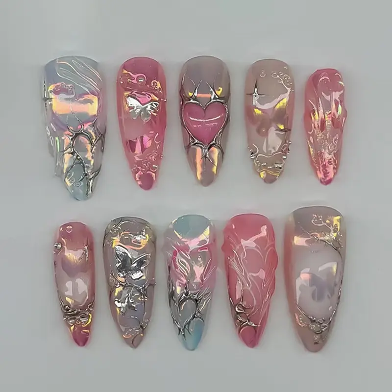 YEFIUO Kit Ongles Press-On Amande – Rouge French & Argenté, 24 Pièces