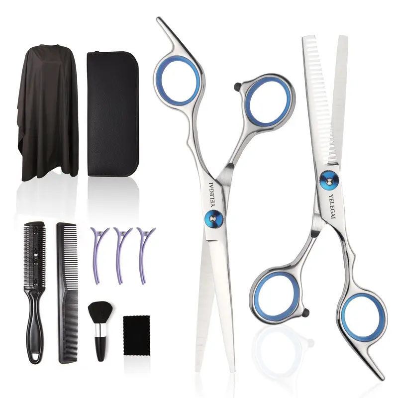 YELEGAI Kit de Ciseaux Coiffure – 11 pièces professionnels, ciseaux de coupe et effilage, cape et accessoires