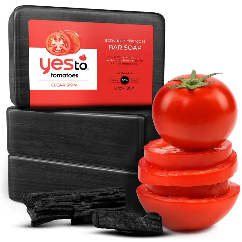 Yes To Tomatoes Savon-barre au charbon actif avec extraits de tomate et huile de tournesol – Purifiant pour visage et corps, lot de 3, 170 g chacun, sans parabènes