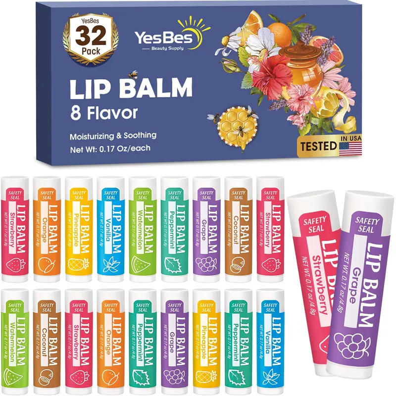 YesBes 32 Pack Baume À Lèvres — Hydratation Naturelle, 8 Saveurs, Huile de Coco et Vitamine E — Idéal Cadeaux et Voyage