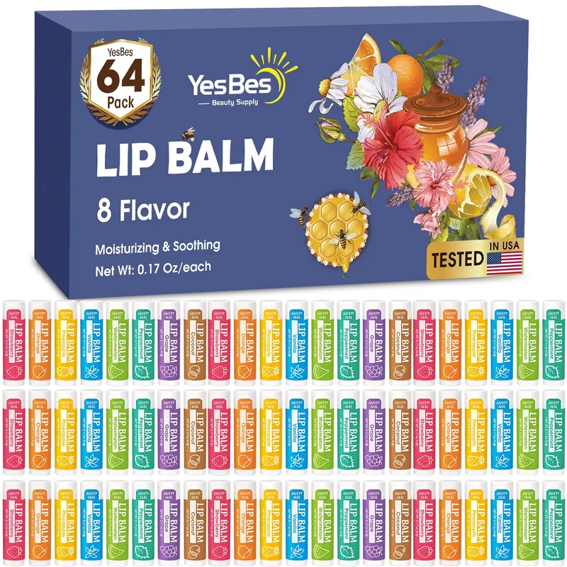 YesBes 64-pack baume à lèvres — 8 parfums naturels, vitamine E