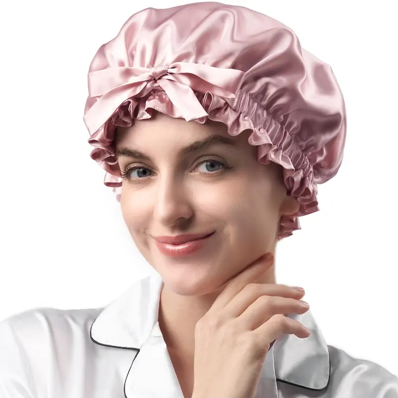 YFONG Bonnet de Nuit en Soie Mulberry Double-Couche 22 Momme 6A – Capuchon Luxe Rose
