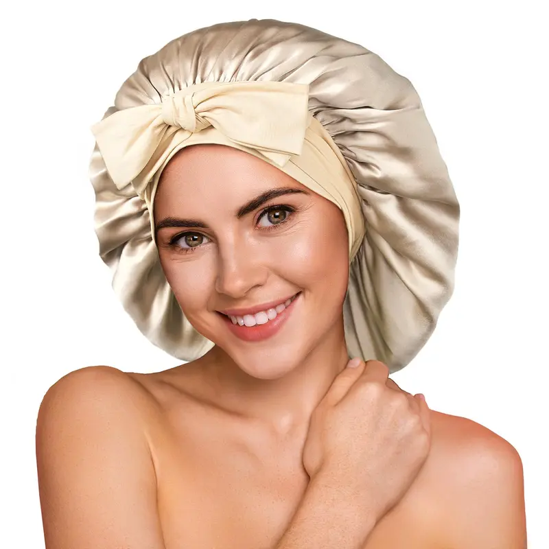YFONG Bonnet en Soie 22 Momme Double-Couche – Capuchon de Nuit Sans Glissement Champagne