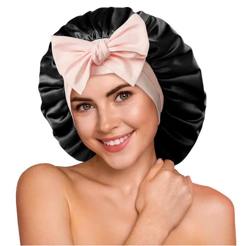 YFONG Bonnet en Soie 22 Momme – Grand Turban Doux pour Cheveux Bouclés et Longs (Rose & Noir)