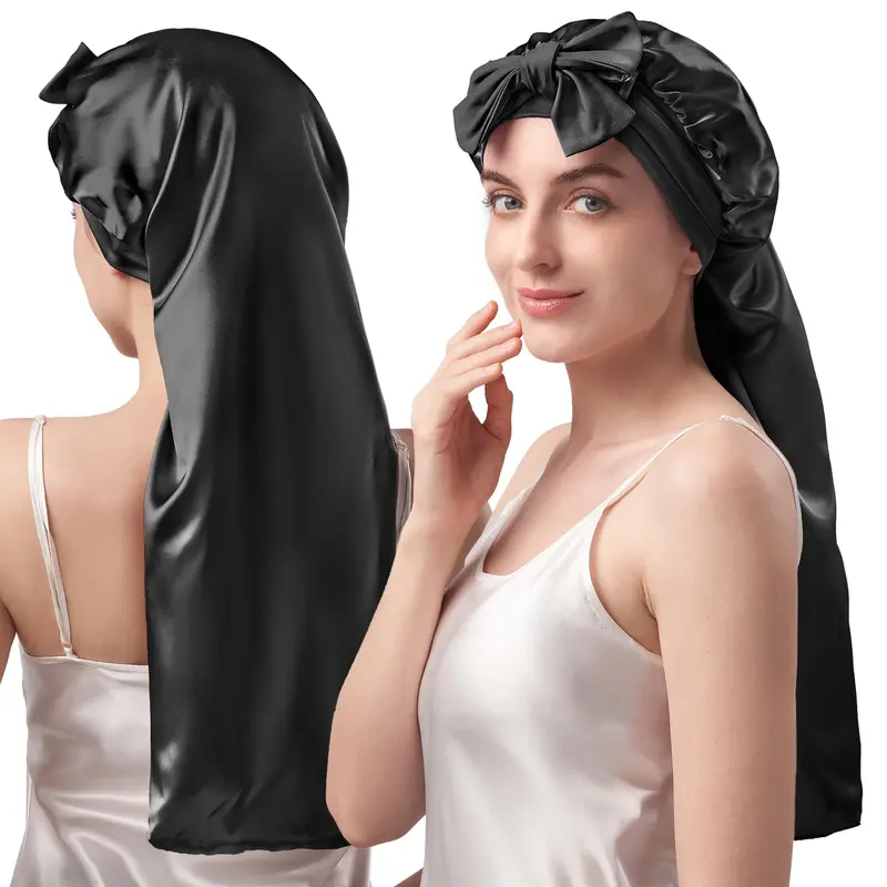 YFONG Bonnet en soie double-couche 22 mommes – Pour cheveux longs, 68 cm, noir