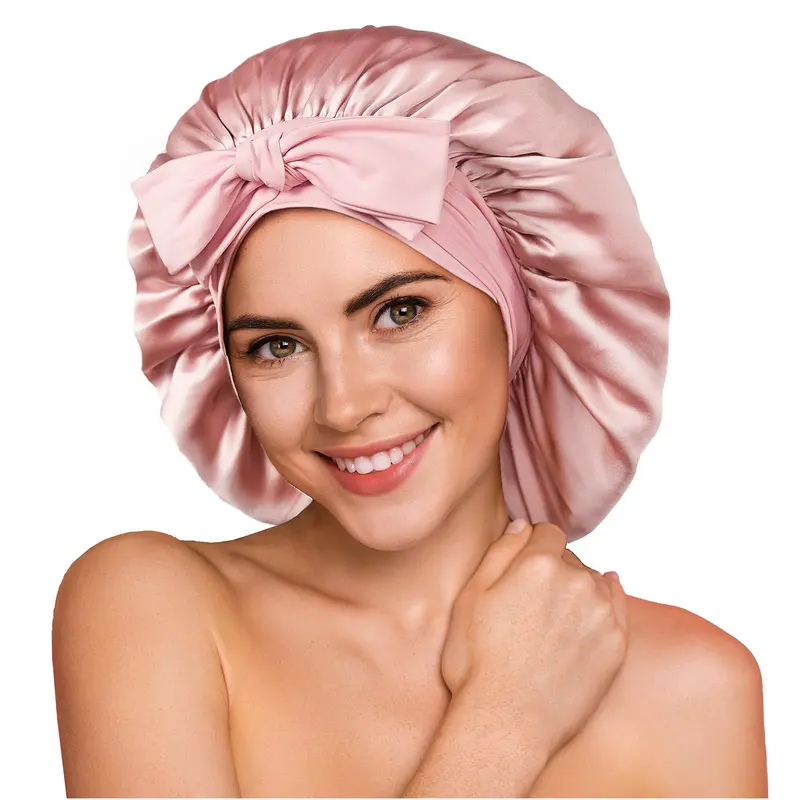 YFONG Bonnet en soie Mulberry 100% 22 Momme - Double couche, ajustable, pour cheveux bouclés et longs – Rose