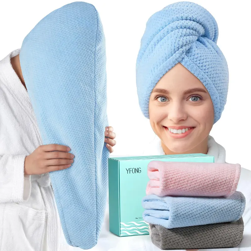 YFONG Lot de 3 Serviettes Cheveux Microfibre Grand Format 30x10 po – Anti Frisottis, Séchage Rapide (Gris, Rose, Bleu)