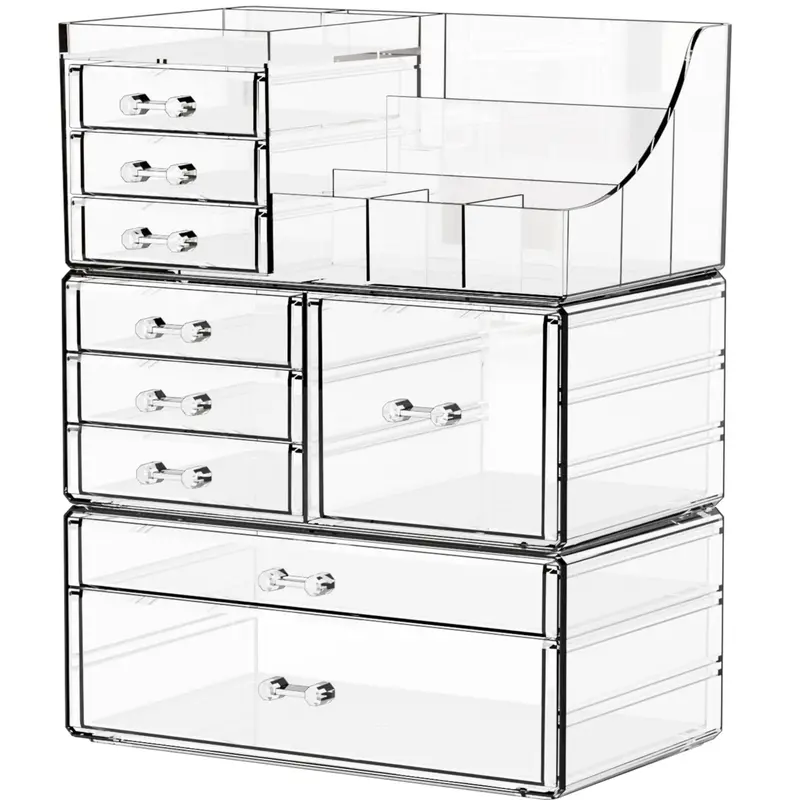 Yieach - Organisateur Maquillage Transparent 3 Pièces | 9 Tiroirs et 8 Compartiments pour Coiffeuse et Vanity