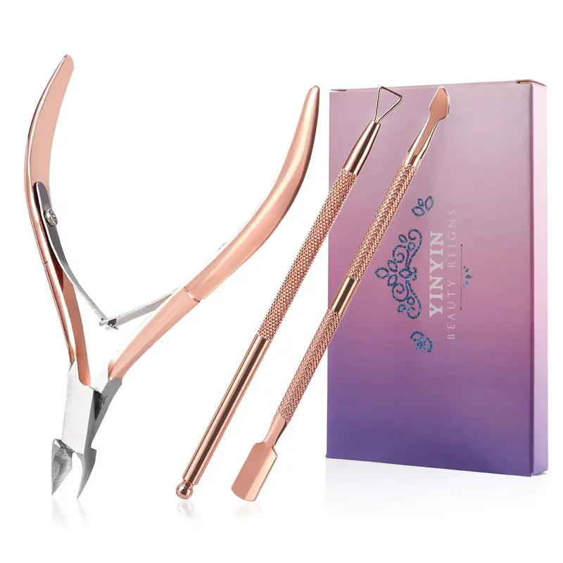 YINYIN Cuticle Trimmer 3-en-1 Rose Gold – Outil pro cuticule, pousse-cuticule et cutter