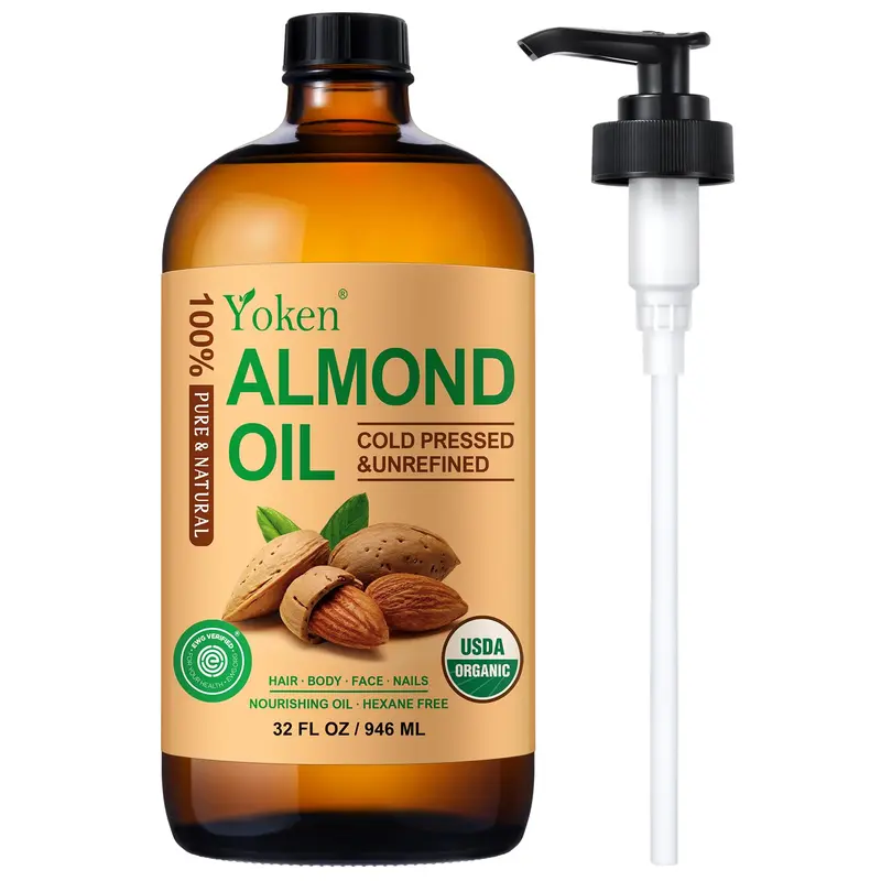 Yoken Huile d'Amande Biologique – 946 ml Pure à Froid, Bouteille Verre Ambre, Soin Peau et Cheveux, Base DIY
