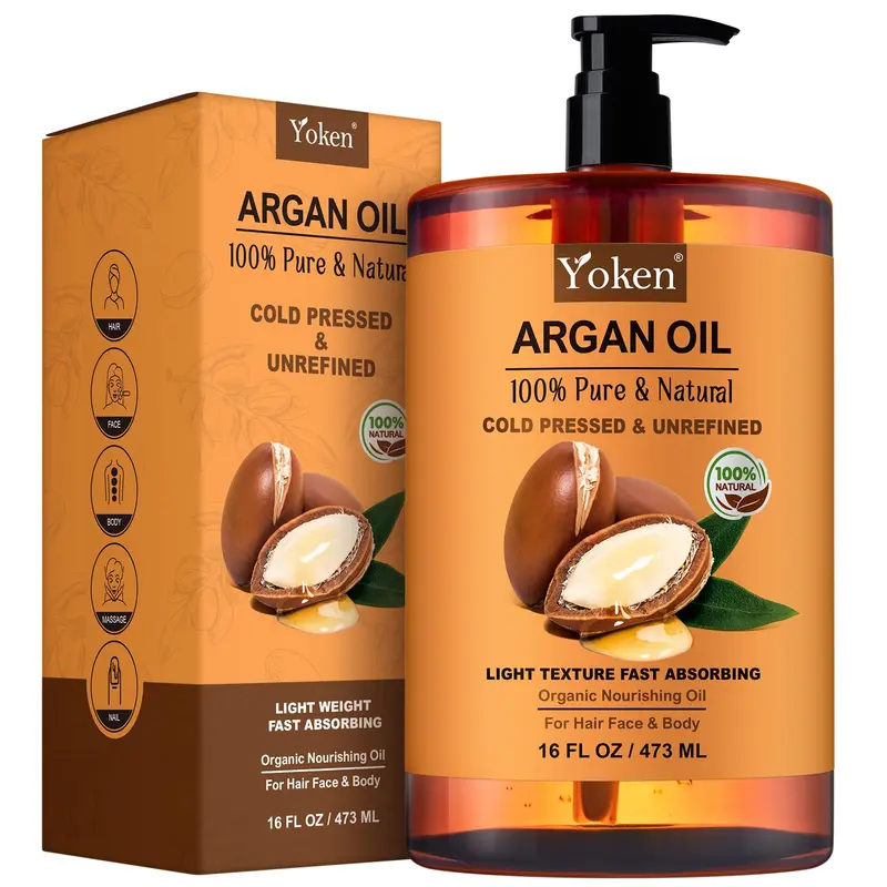 Yoken Huile d’Argan Pur 100% Naturelle – Soin Cheveux Visage Corps 16 oz