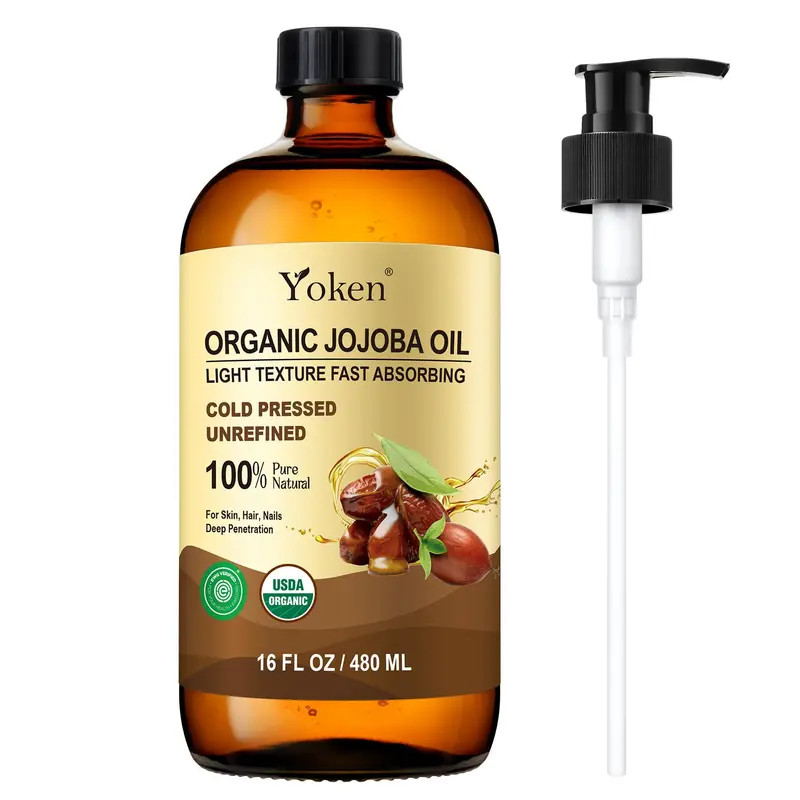 Yoken Huile de Jojoba Bio – 16 oz (473 ml), Pureté 100% Organique, Presse à Froid, Bouteille en Verre